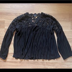 Express Pleated Crochet Lace Top. Black. Long sleeve. Never worn. Length 23”.